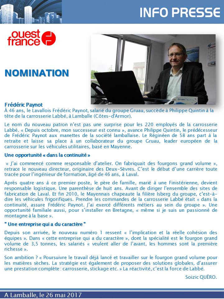 LABBE_Nomination de Frédéric PAYNOT au sein de la Carrosserie LABBE